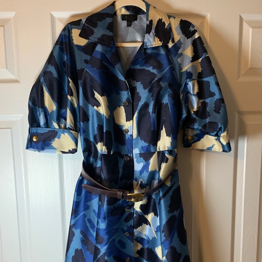 Donna Karan Navy, Light Blue and Cream Printed Midi Shirt Dress